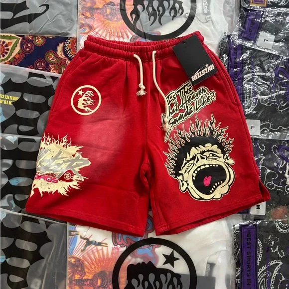 Red Athletic Shorts with Japanese-Inspired Graphics - Picture 1 of 1